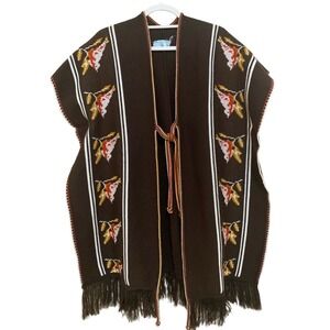 Comanche Imports Poncho Womens One Size Brown Knit Bird Pattern Fringe Vintage